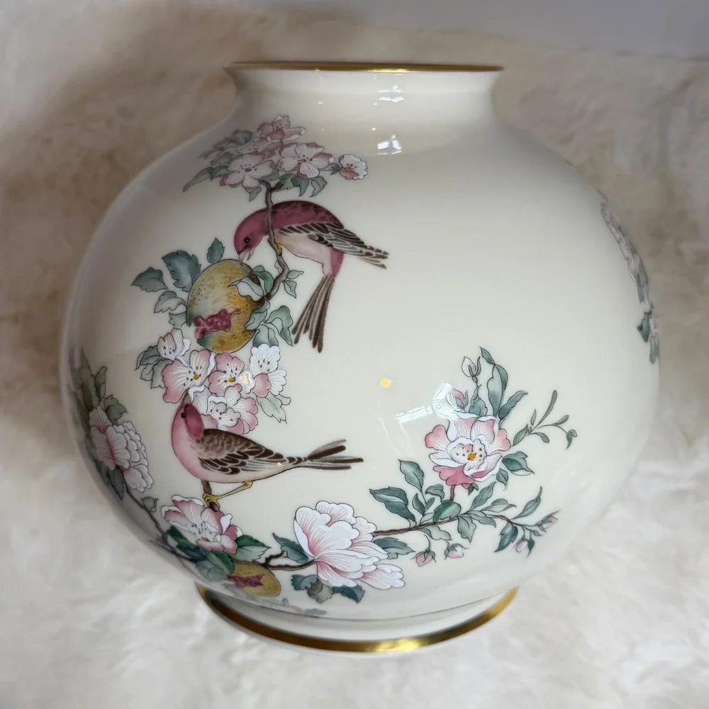 Lenox Serenade Globe Vase 24K Gold Trim Pink Flowers Bird ~ Vintage Hand Painted